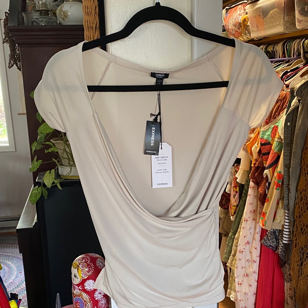 Express off white cross over body contour top with side runching